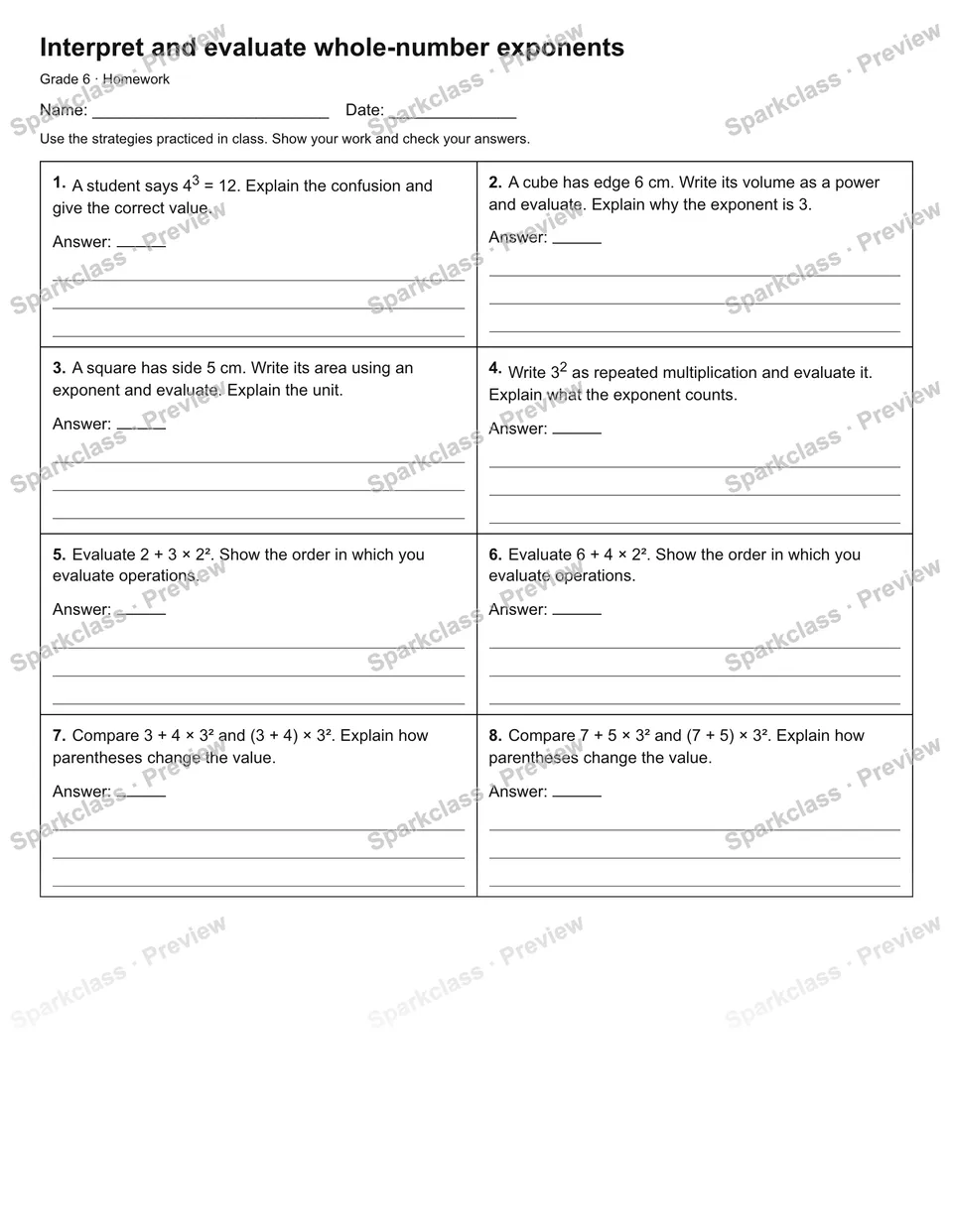 Interpret and evaluate whole-number exponents — Homework — Grade 6 worksheet preview