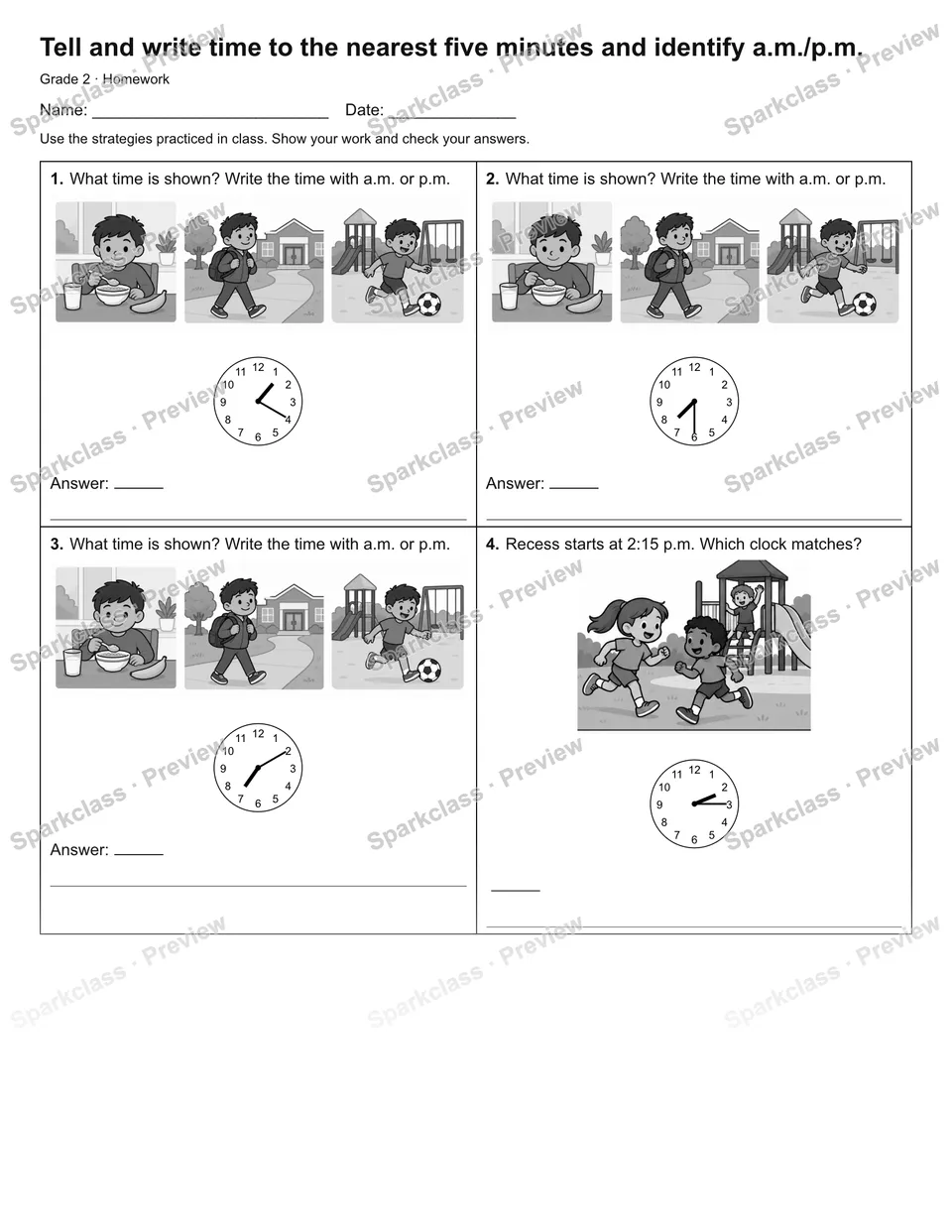 Tell and write time to the nearest five minutes and identify a.m./p.m. — Homework — Grade 2 worksheet preview