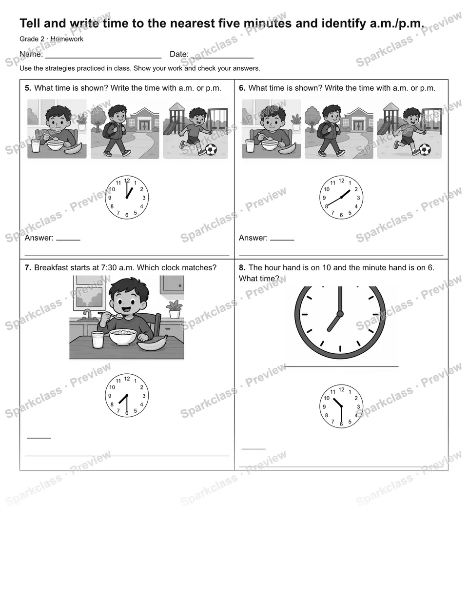 Tell and write time to the nearest five minutes and identify a.m./p.m. — Homework — page 2