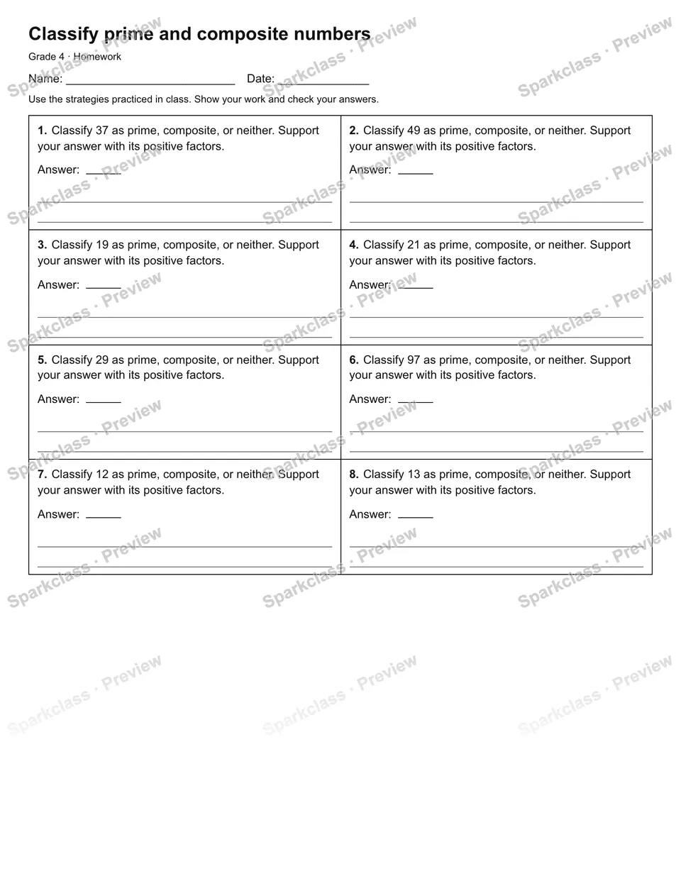 Classify prime and composite numbers — Homework — Grade 4 worksheet preview