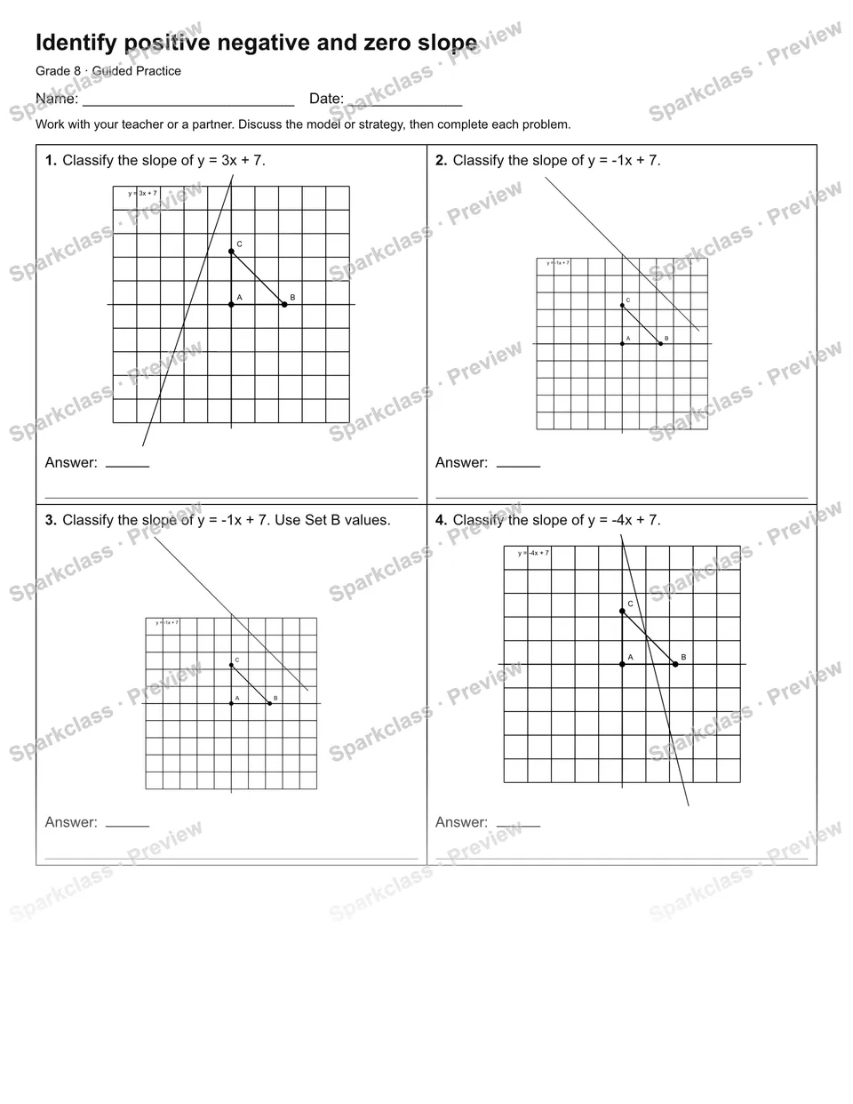 Identify positive negative and zero slope — Guided Practice — Grade 8 worksheet preview
