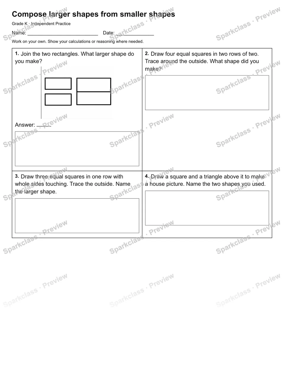 Compose larger shapes from smaller shapes — Independent Practice — Kindergarten worksheet preview