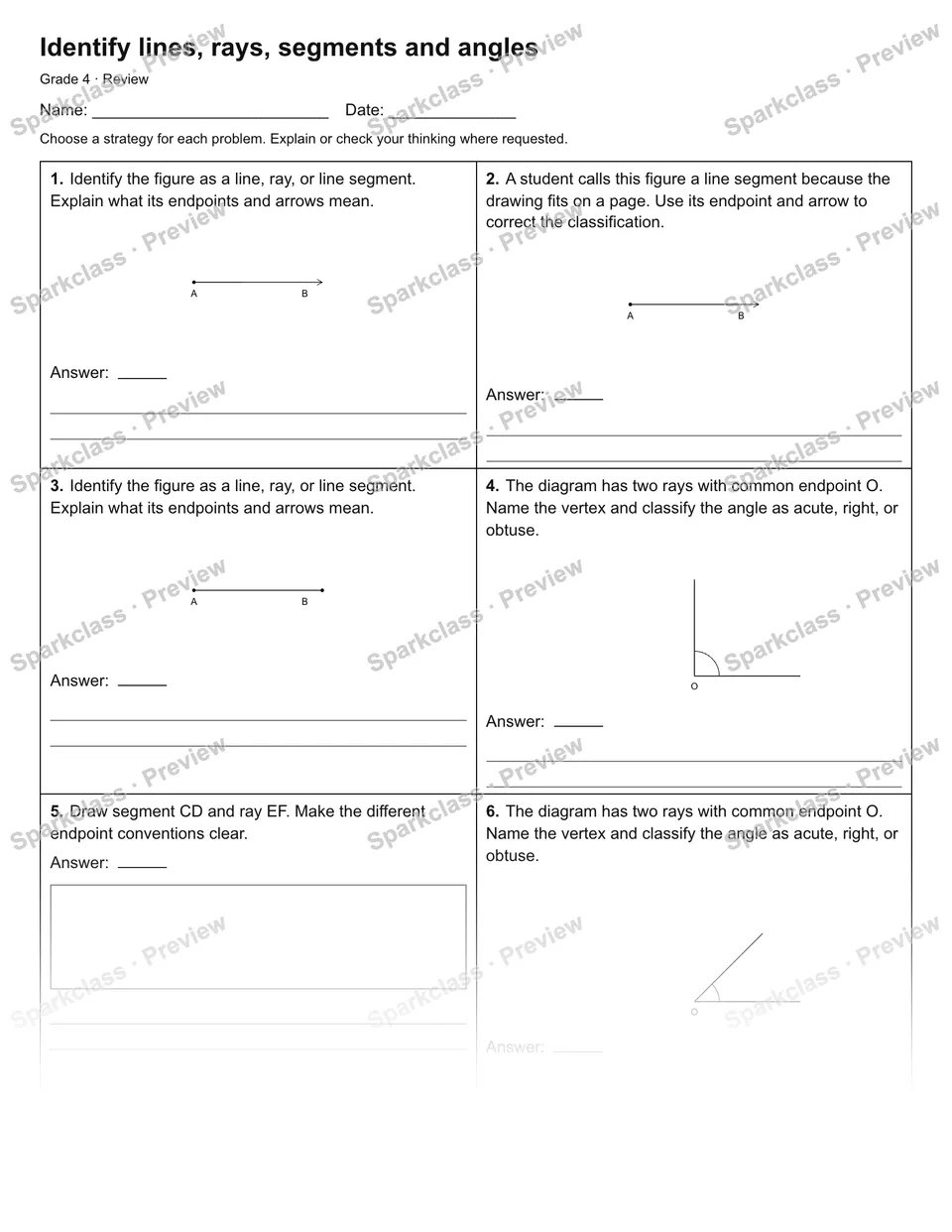 Identify lines, rays, segments and angles — Review — Grade 4 worksheet preview