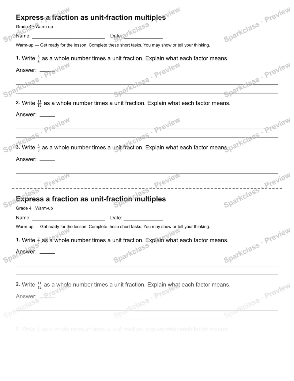 Express a fraction as unit-fraction multiples — Warm-up — Grade 4 worksheet preview