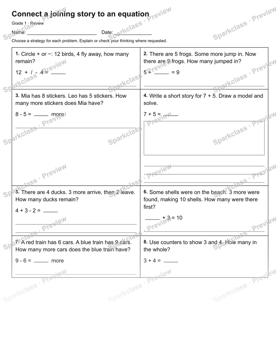Connect a joining story to an equation — Review — Grade 1 worksheet preview