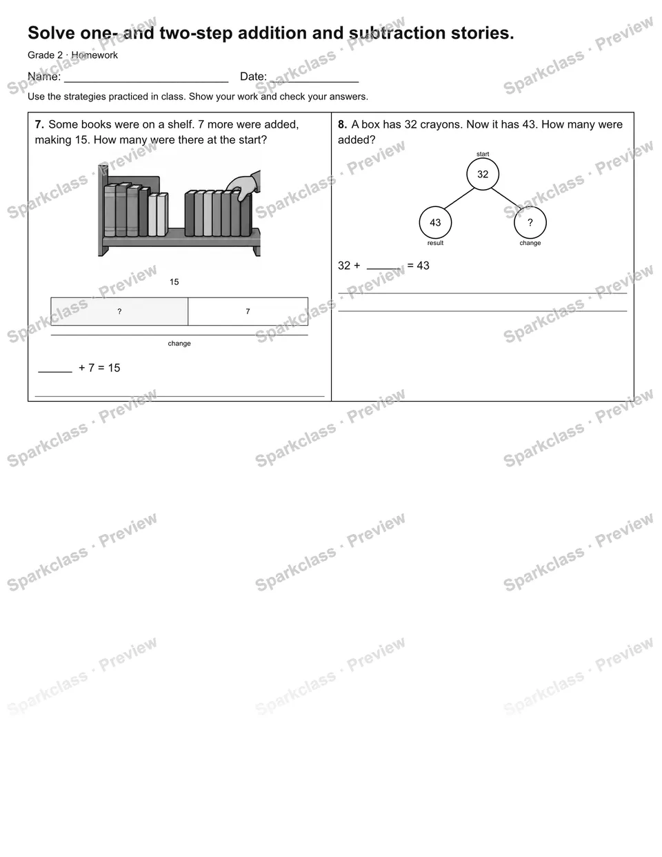 Solve one- and two-step addition and subtraction stories. — Homework — page 2