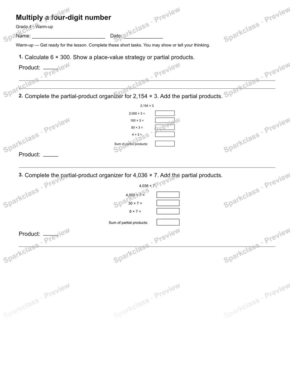Multiply a four-digit number — Warm-up — Grade 4 worksheet preview
