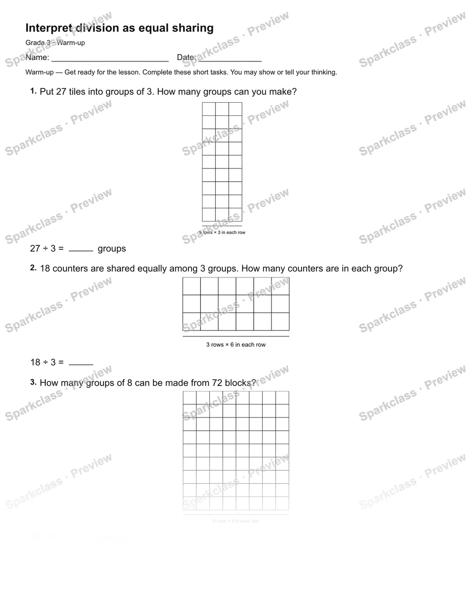 Interpret division as equal sharing — Warm-up — Grade 3 worksheet preview