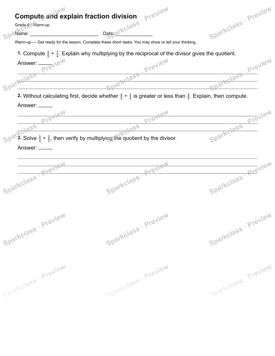 Compute and explain fraction division — Warm-up — page 2