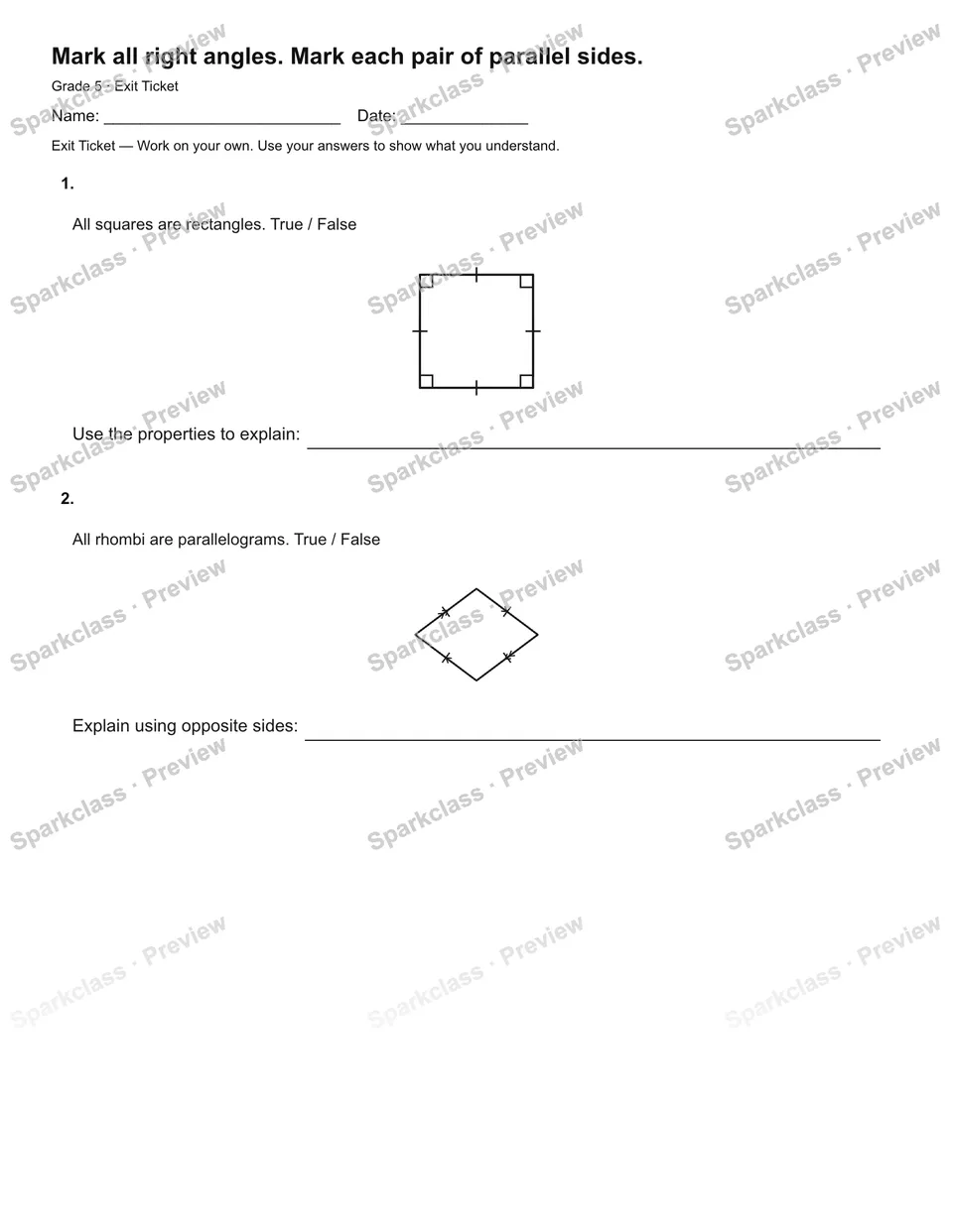Mark all right angles. Mark each pair of parallel sides. — Exit Ticket — Grade 5 worksheet preview