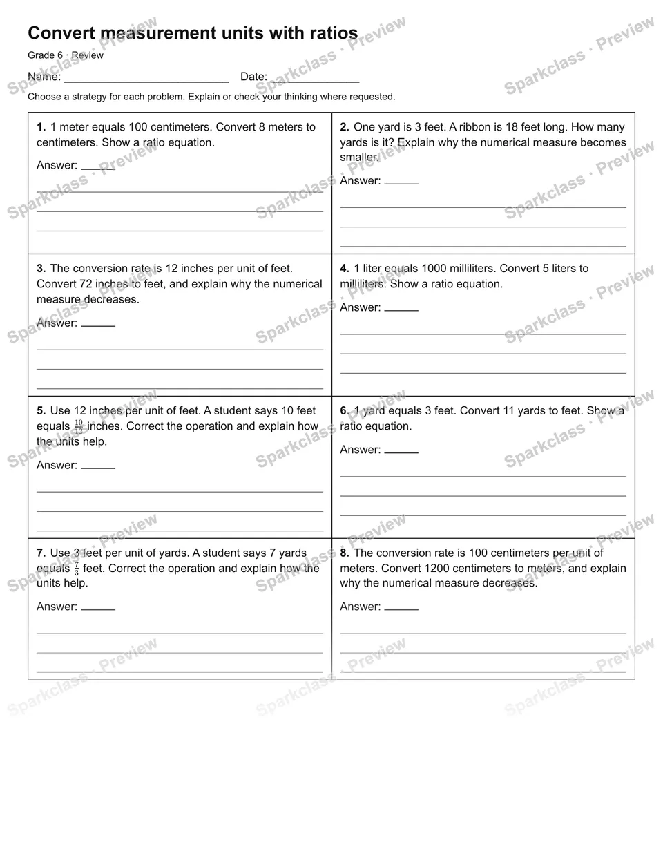 Convert measurement units with ratios — Review — Grade 6 worksheet preview