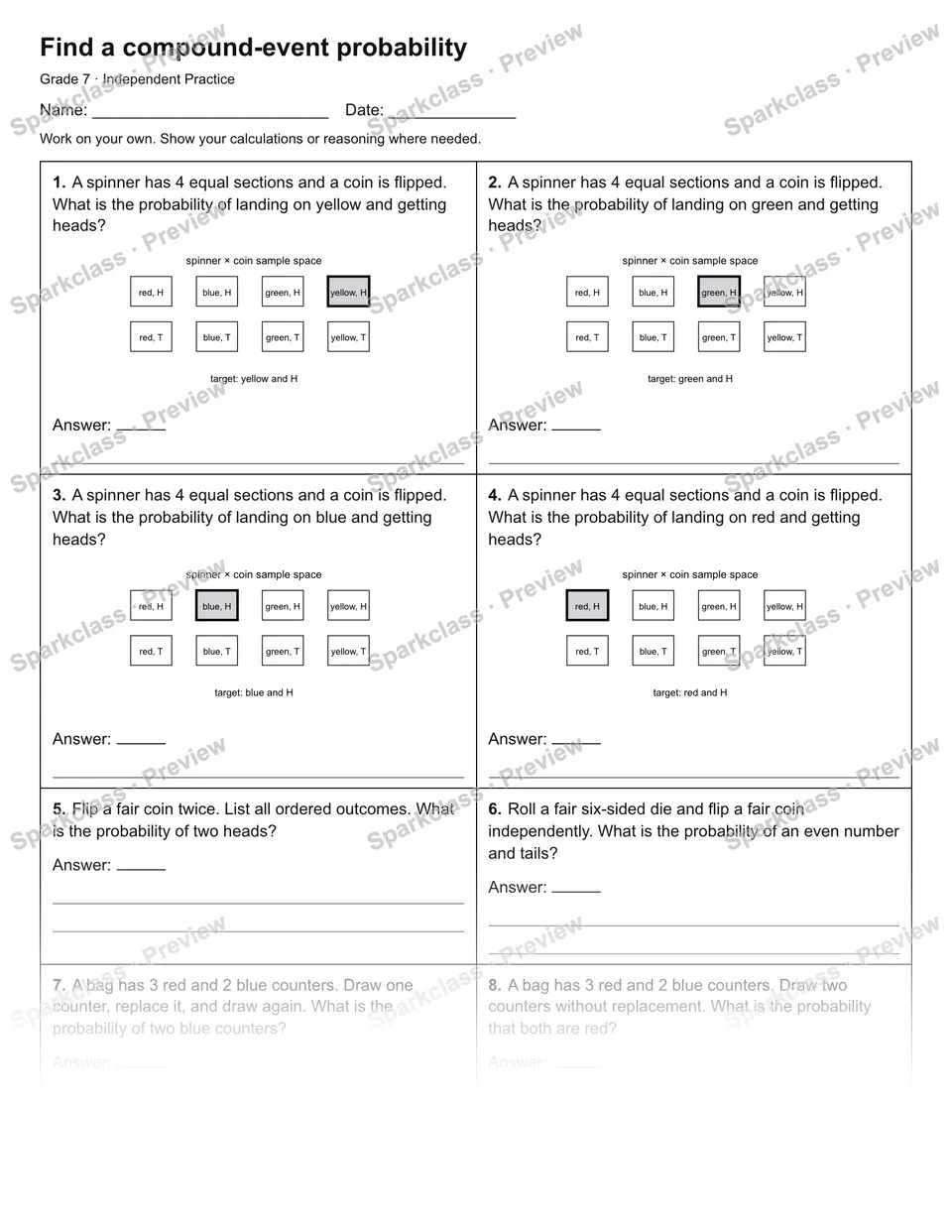 Find a compound-event probability — Independent Practice — Grade 7 worksheet preview