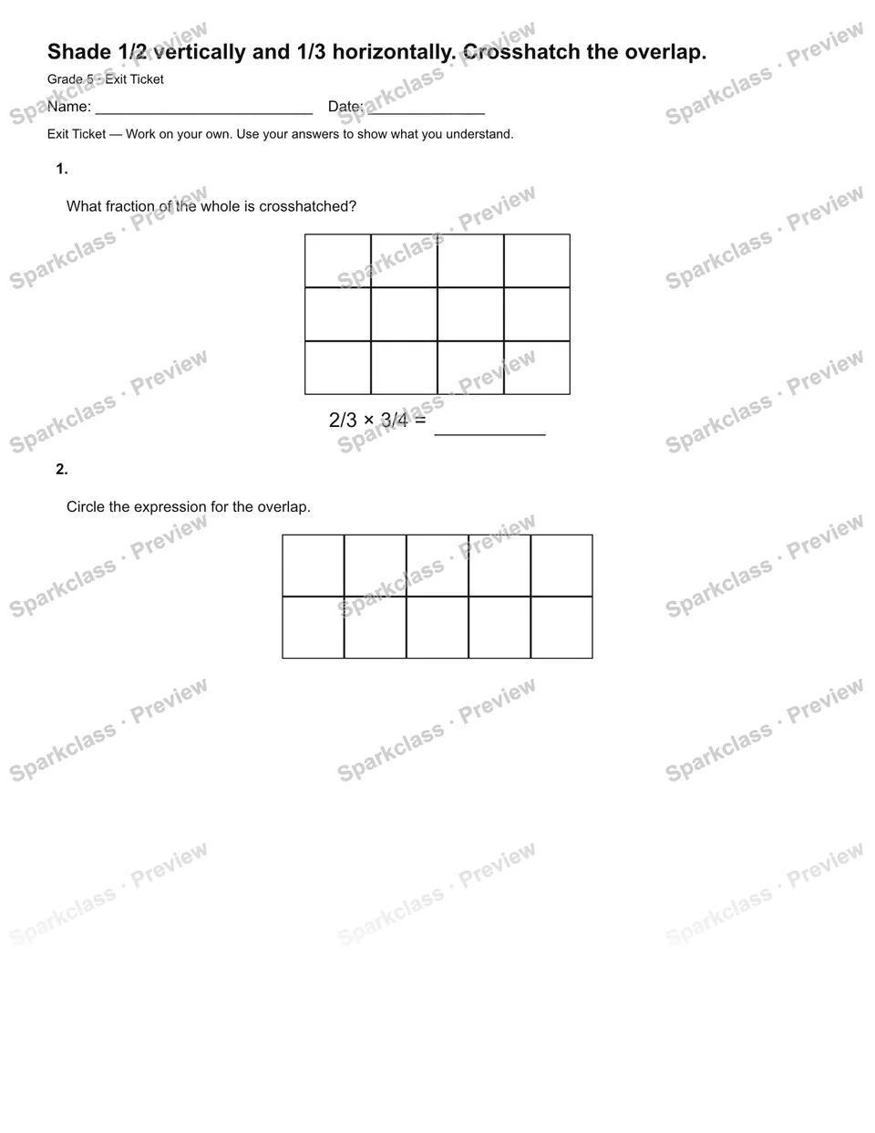 Shade 1/2 vertically and 1/3 horizontally. Crosshatch the overlap. — Exit Ticket — page 2