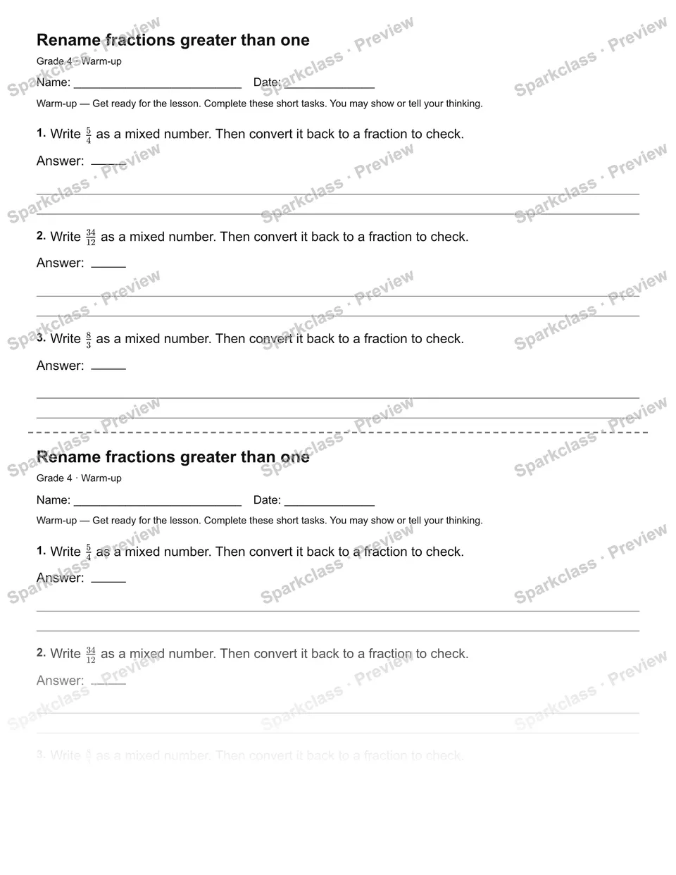 Rename fractions greater than one — Warm-up — Grade 4 worksheet preview