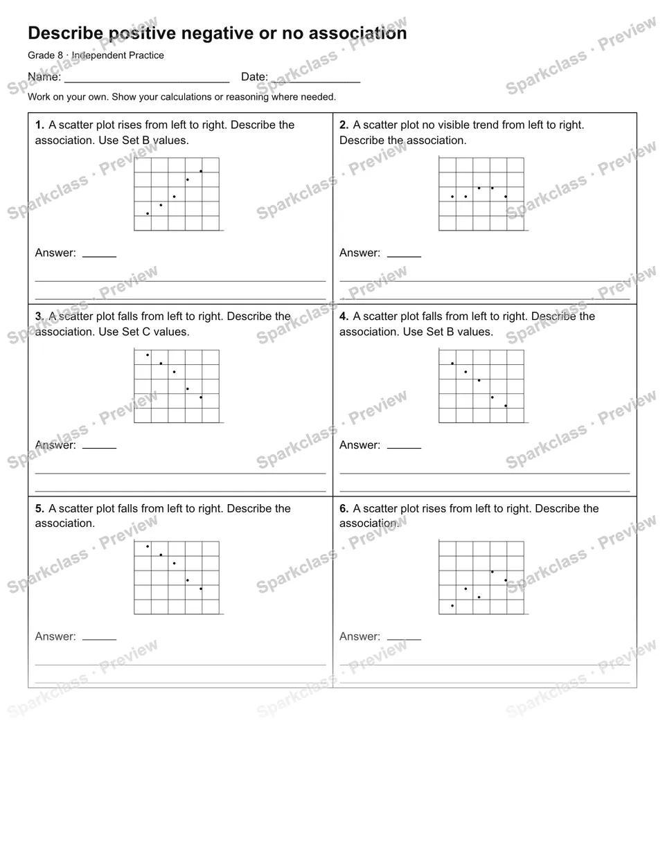 Describe positive negative or no association — Independent Practice — Grade 8 worksheet preview