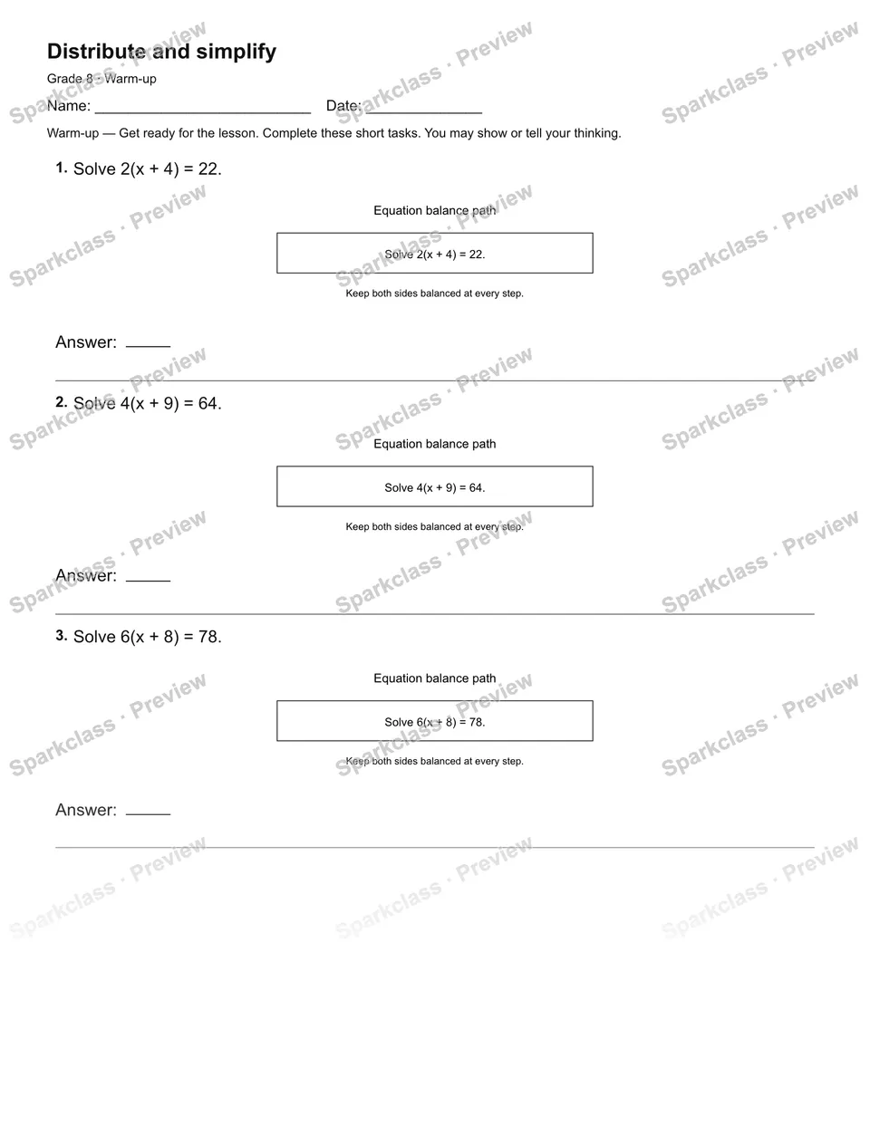 Distribute and simplify — Warm-up — page 2