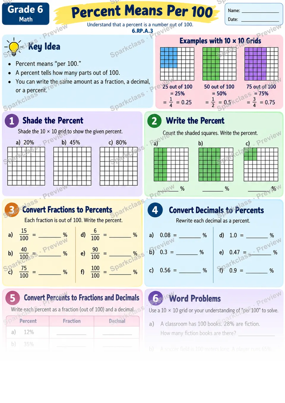 Percent As Per 100 — Grade 6 worksheet preview