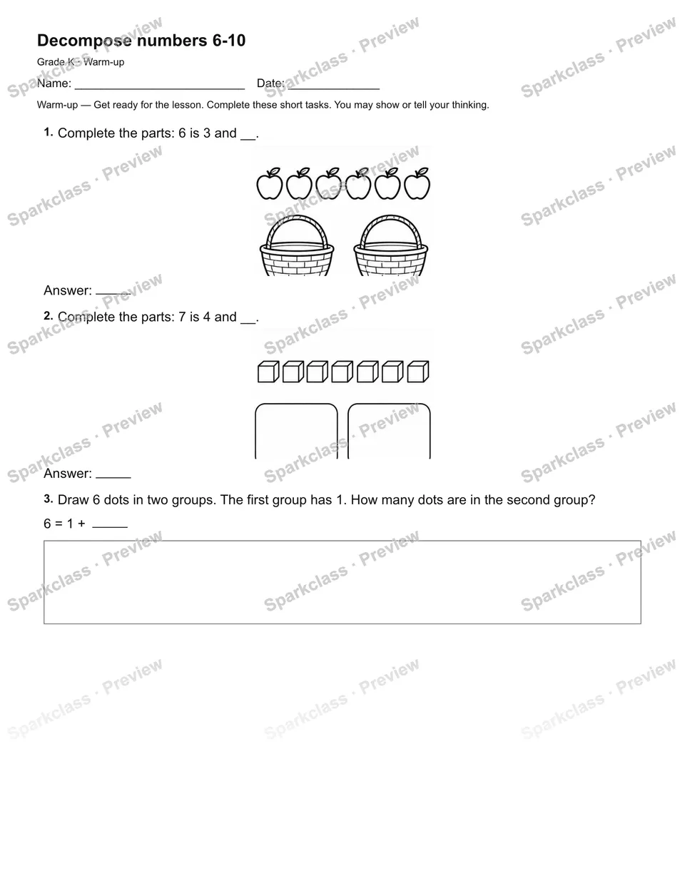 Decompose numbers 6-10 — Warm-up — Kindergarten worksheet preview