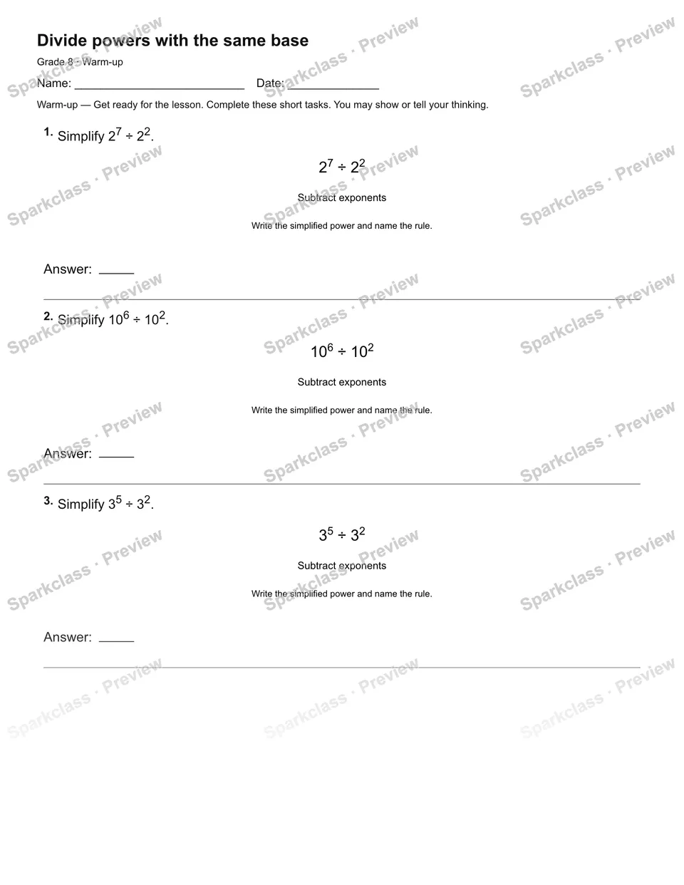 Divide powers with the same base — Warm-up — Grade 8 worksheet preview