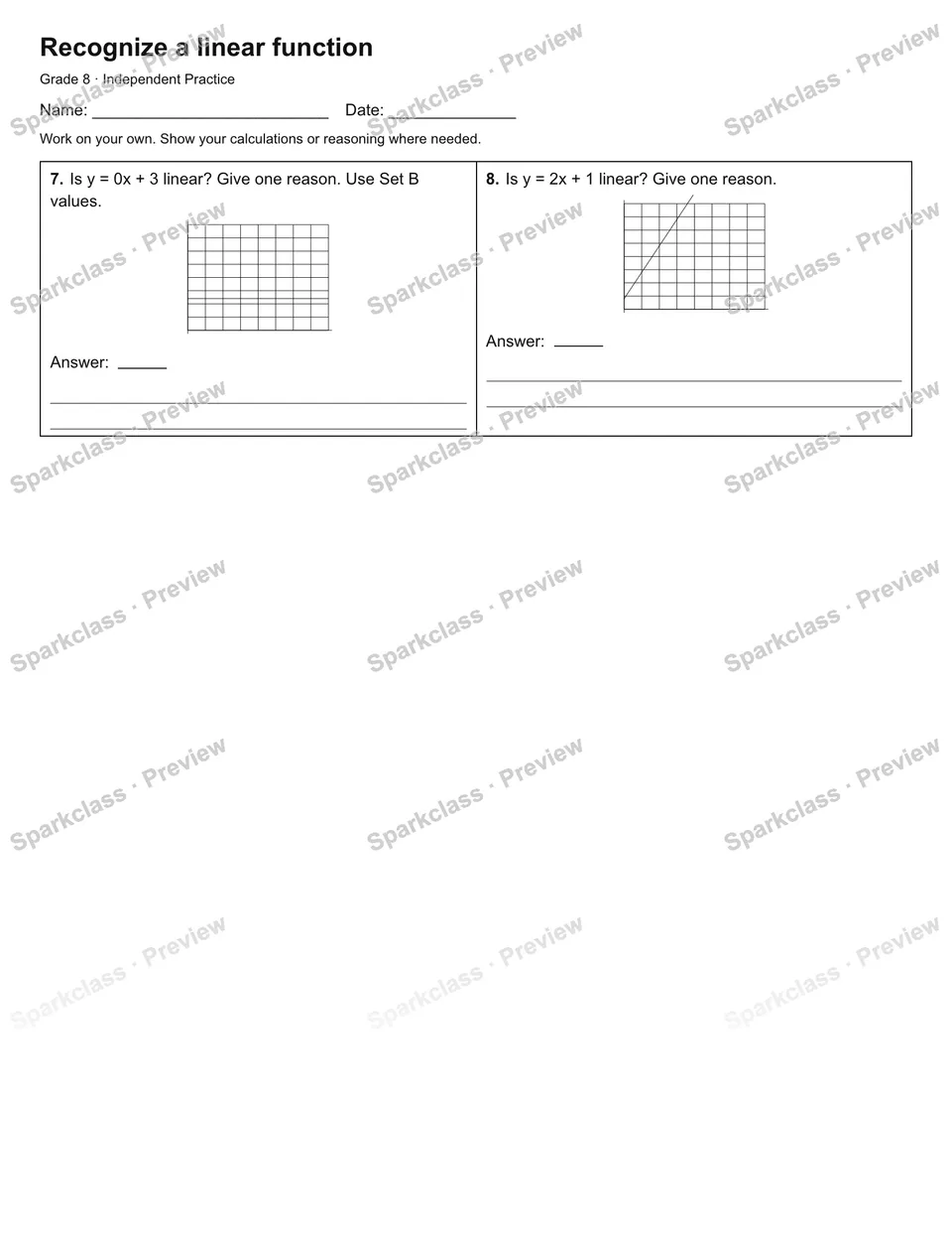 Recognize a linear function — Independent Practice — page 2