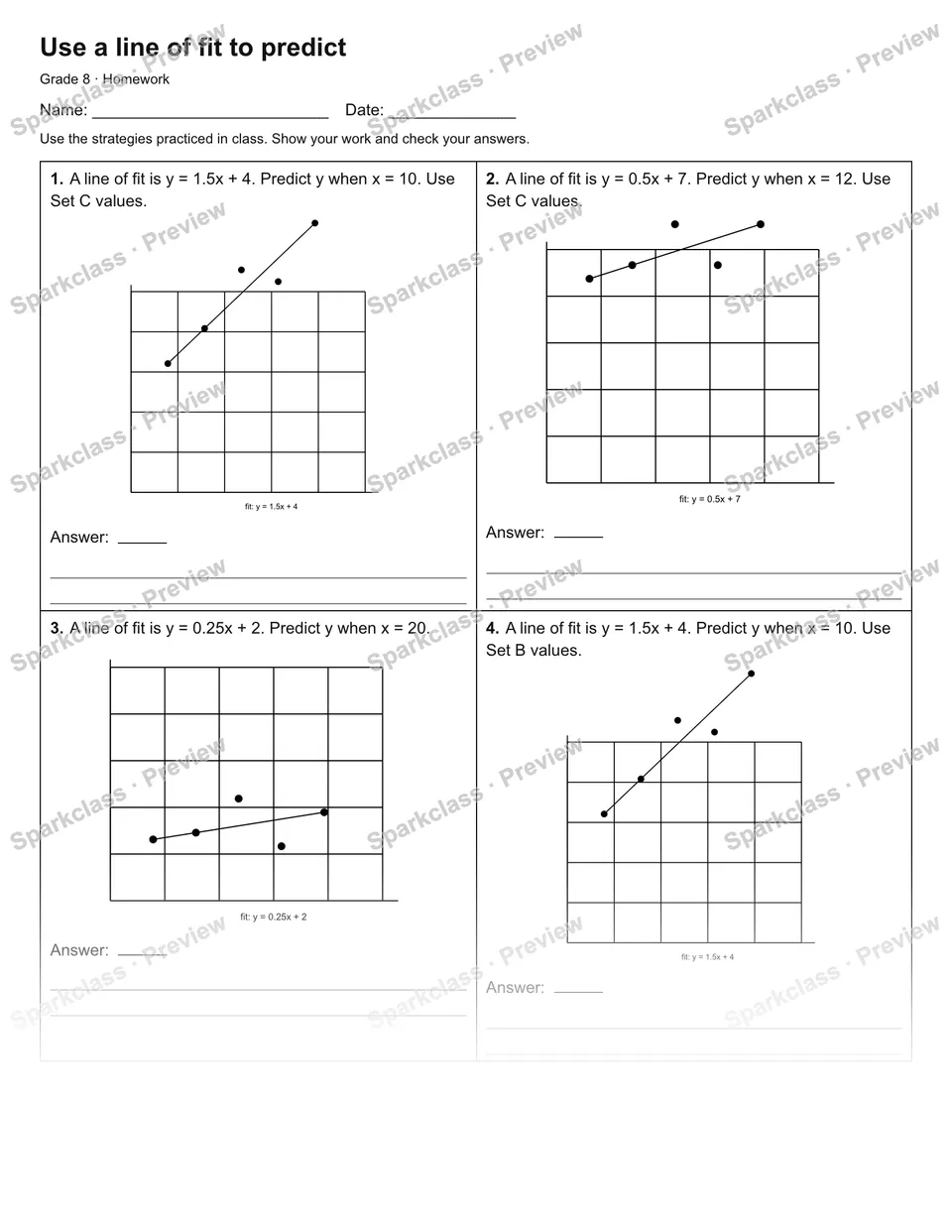 Use a line of fit to predict — Homework — Grade 8 worksheet preview