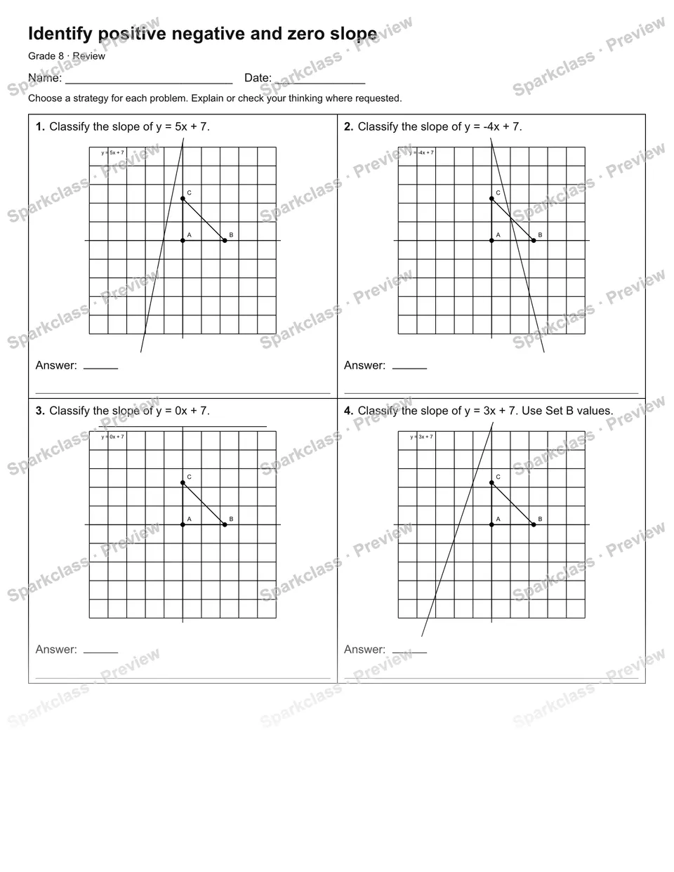 Identify positive negative and zero slope — Review — Grade 8 worksheet preview