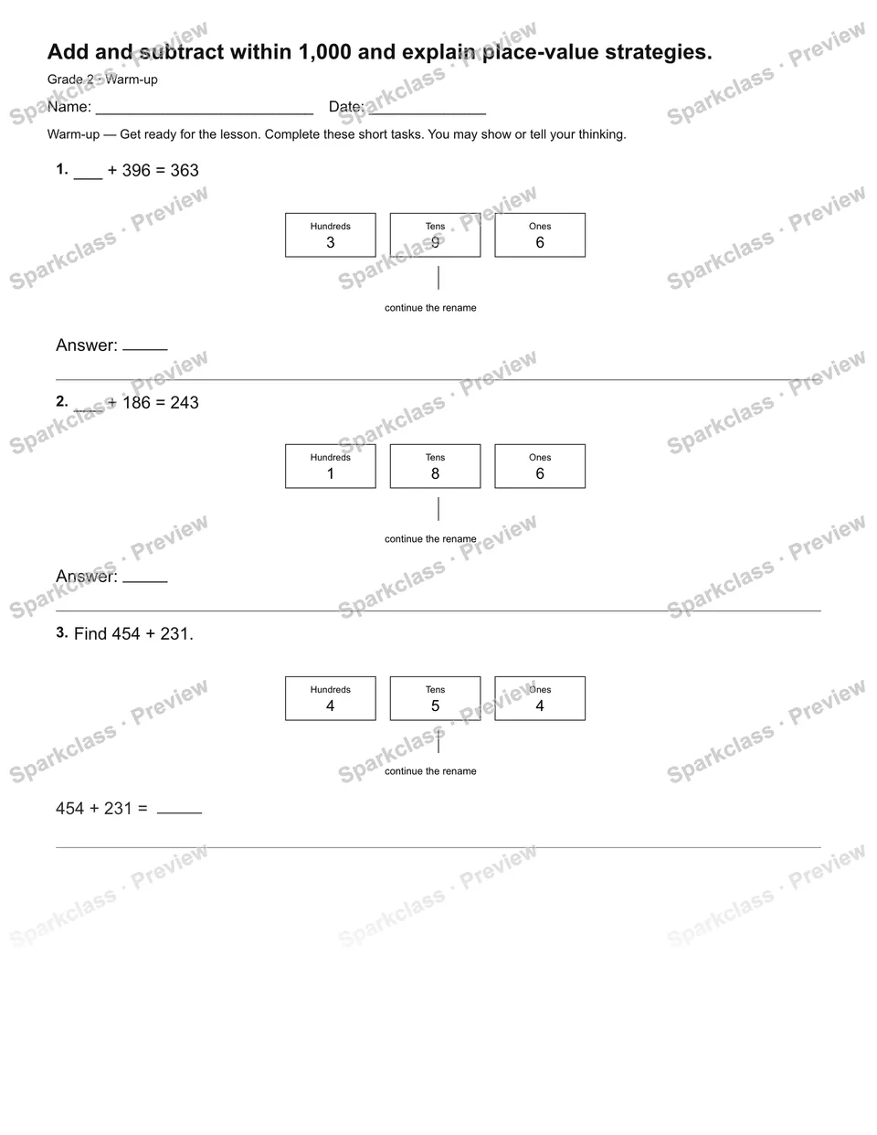 Add and subtract within 1,000 and explain place-value strategies. — Warm-up — page 2