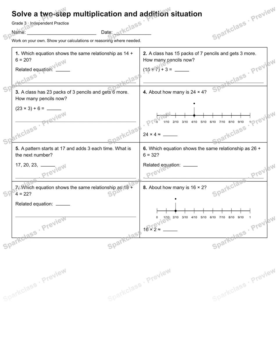 Solve a two-step multiplication and addition situation — Independent Practice — Grade 3 worksheet preview