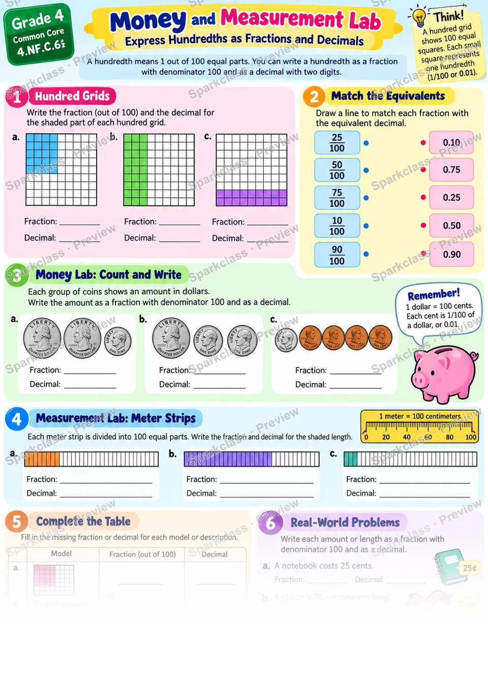 Hundredths as Fractions and Decimals — Grade 4 worksheet preview