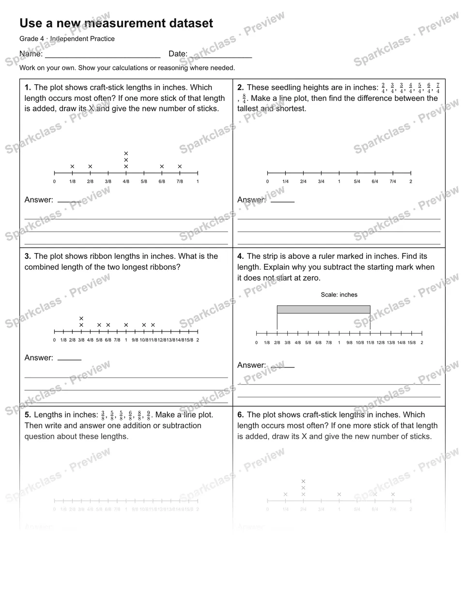 Use a new measurement dataset — Independent Practice — Grade 4 worksheet preview