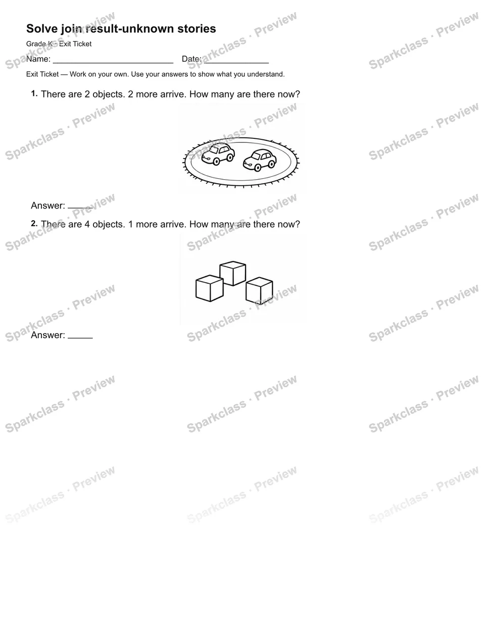 Solve join result-unknown stories — Exit Ticket — Kindergarten worksheet preview
