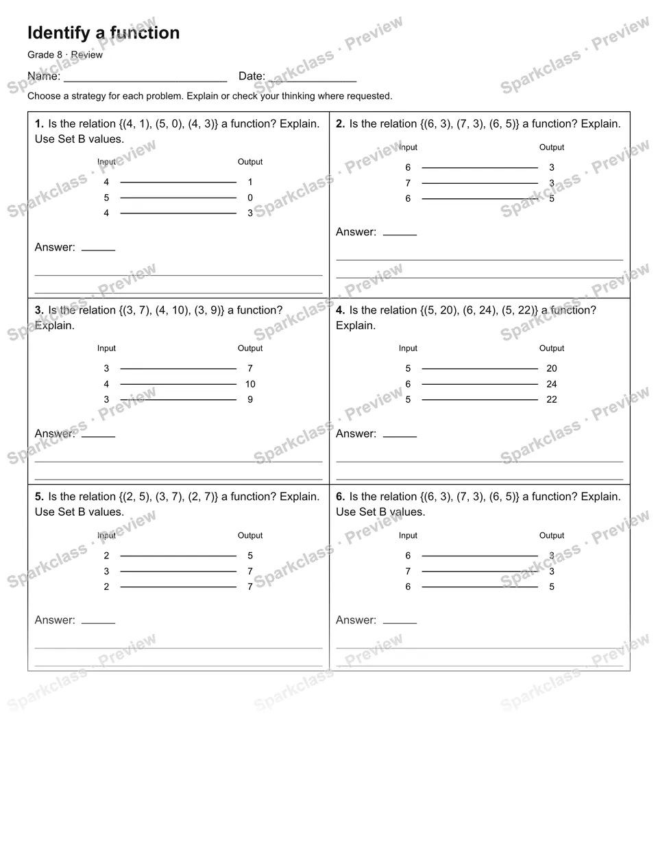 Identify a function — Review — Grade 8 worksheet preview