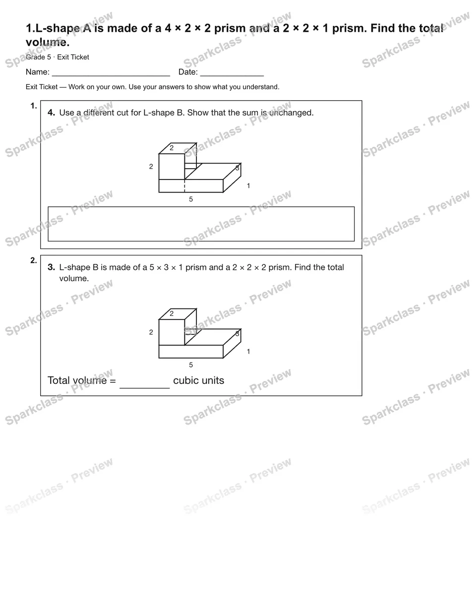 1.L-shape A is made of a 4 × 2 × 2 prism and a 2 × 2 × 1 prism. Find the total volume. — Exit Ticket — Grade 5 worksheet preview