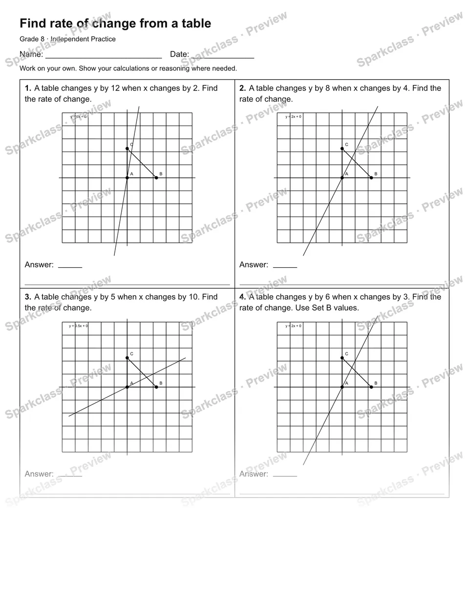 Find rate of change from a table — Independent Practice — Grade 8 worksheet preview