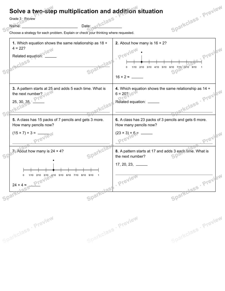 Solve a two-step multiplication and addition situation — Review — Grade 3 worksheet preview