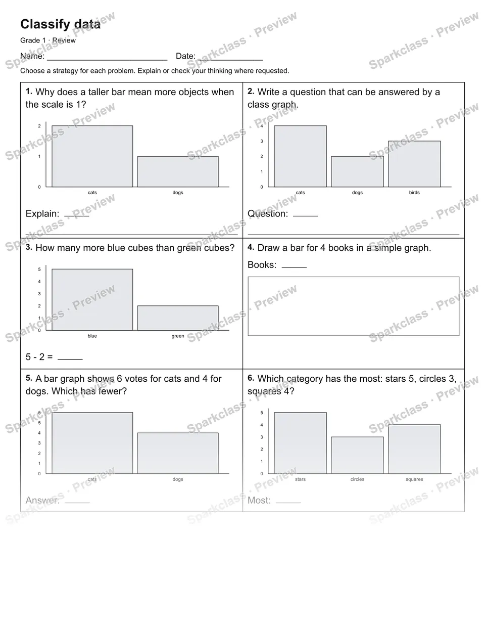Classify data — Review — Grade 1 worksheet preview