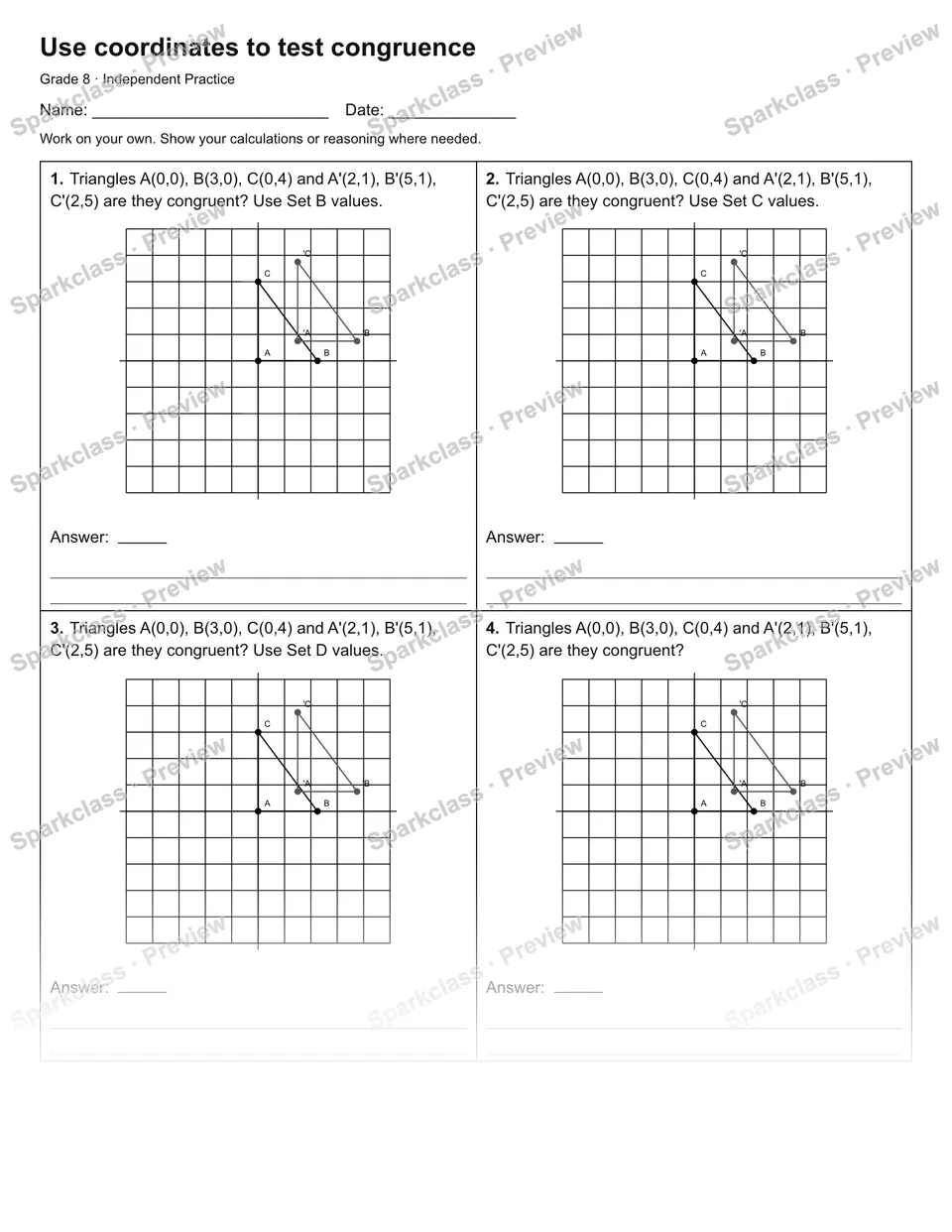 Use coordinates to test congruence — Independent Practice — Grade 8 worksheet preview
