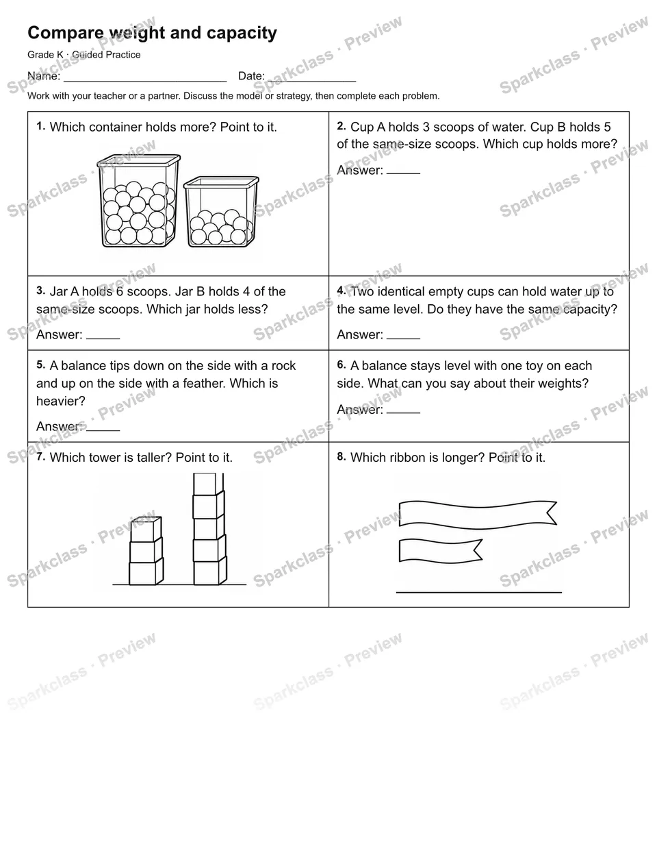 Compare weight and capacity — Guided Practice — Kindergarten worksheet preview