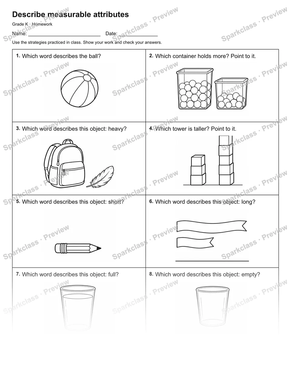 Describe measurable attributes — Homework — Kindergarten worksheet preview