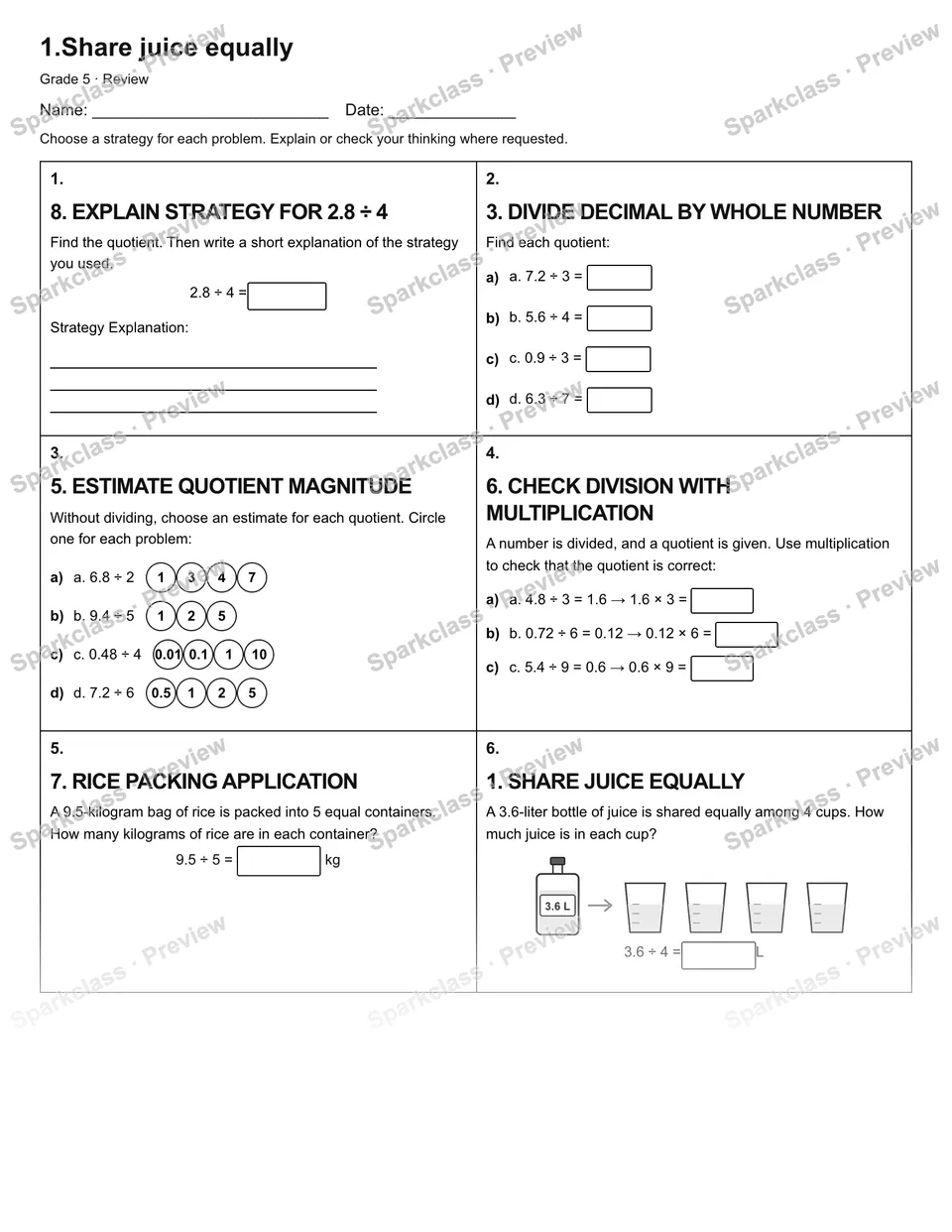 1.Share juice equally — Review — Grade 5 worksheet preview