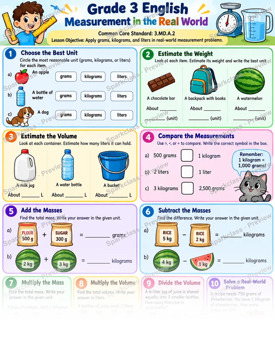 Measurement Mixed Practice 01 — Grade 3 worksheet preview