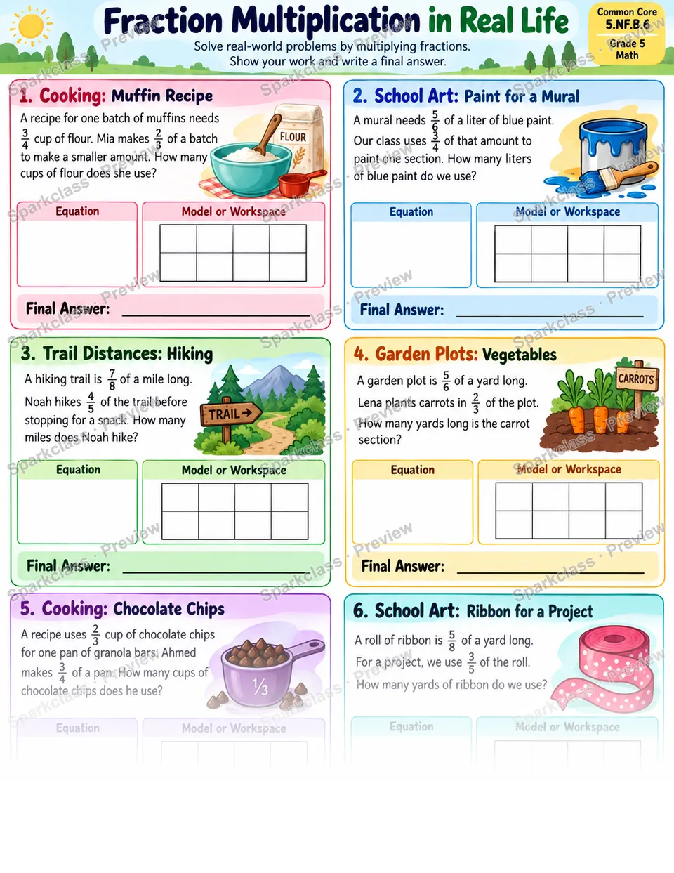 Fraction Multiplication in Real Life — Grade 5 worksheet preview