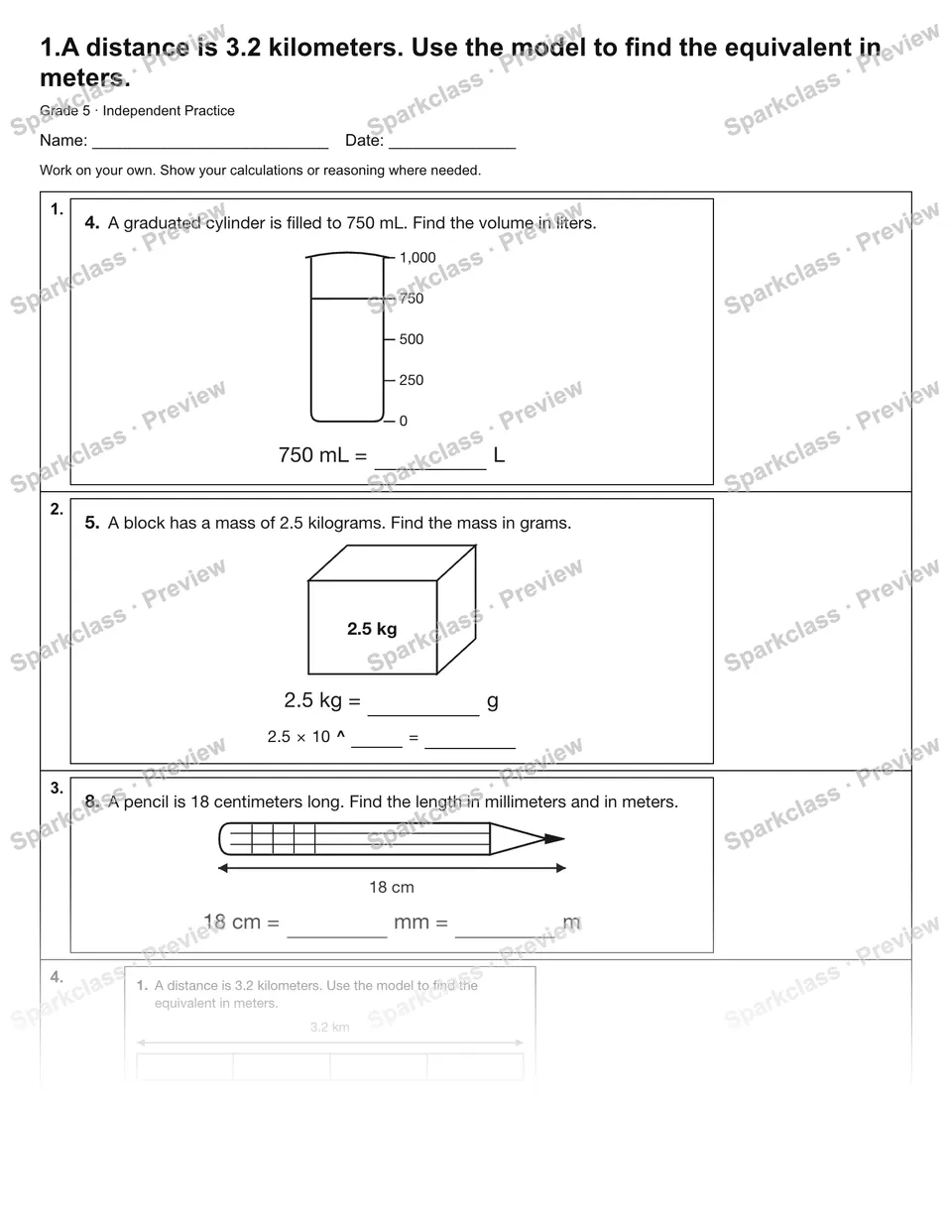 1.A distance is 3.2 kilometers. Use the model to find the equivalent in meters. — Independent Practice — Grade 5 worksheet preview