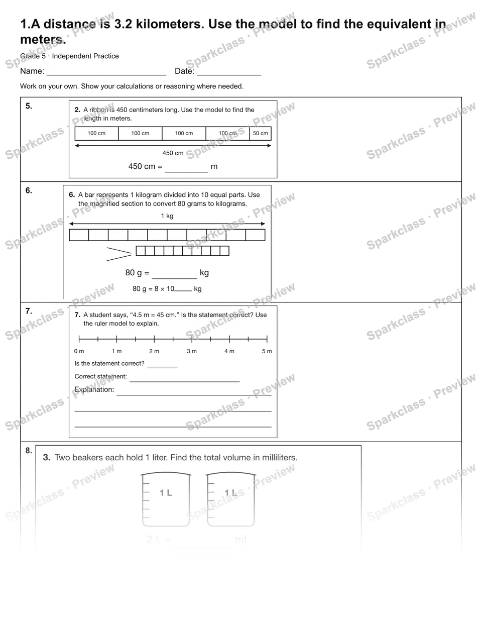 1.A distance is 3.2 kilometers. Use the model to find the equivalent in meters. — Independent Practice — page 2