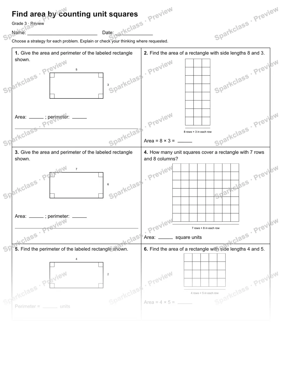 Find area by counting unit squares — Review — Grade 3 worksheet preview