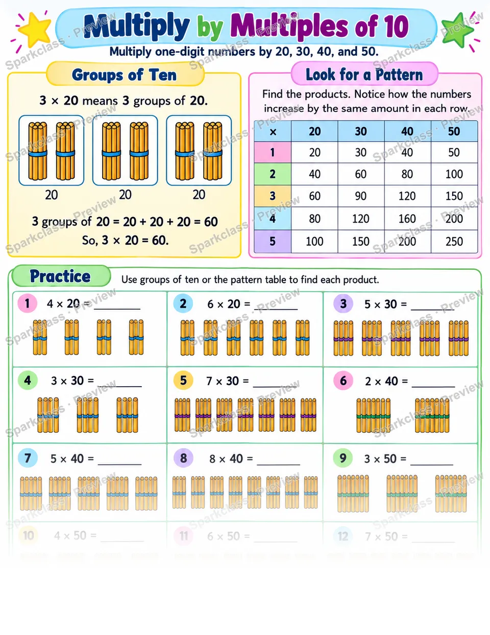 Multiply By 20 30 40 50 — Grade 3 worksheet preview