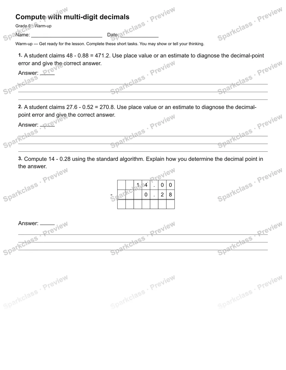 Compute with multi-digit decimals — Warm-up — Grade 6 worksheet preview