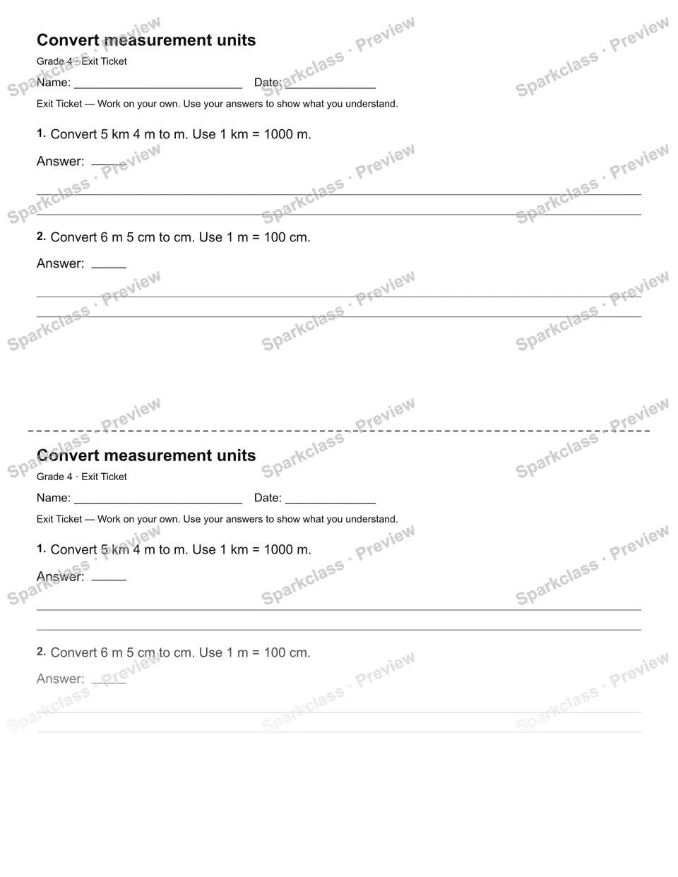 Convert measurement units — Exit Ticket — Grade 4 worksheet preview