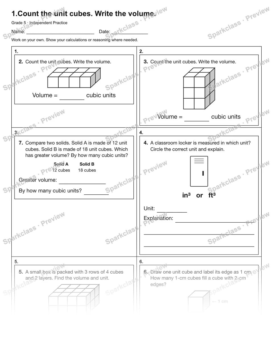 1.Count the unit cubes. Write the volume. — Independent Practice — Grade 5 worksheet preview