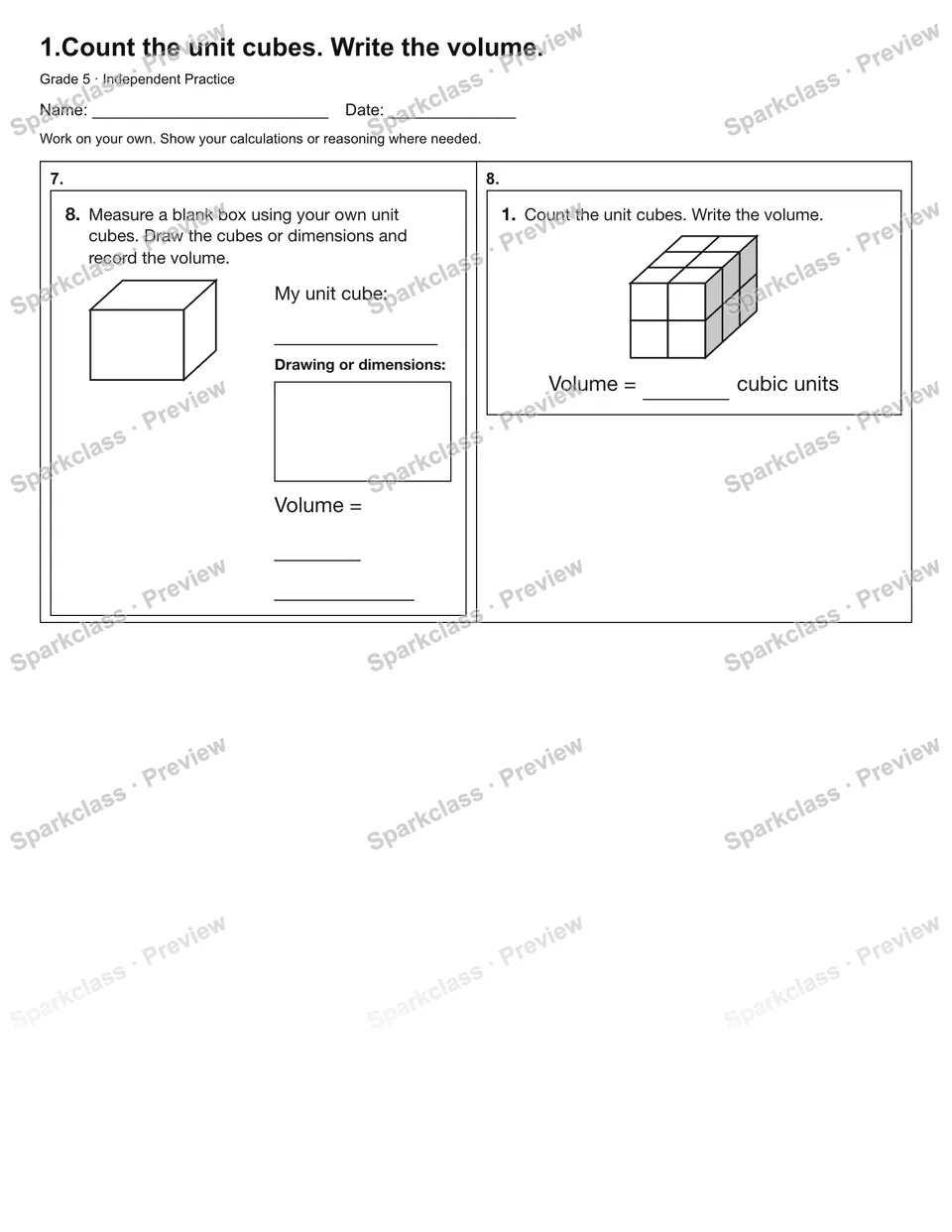 1.Count the unit cubes. Write the volume. — Independent Practice — page 2